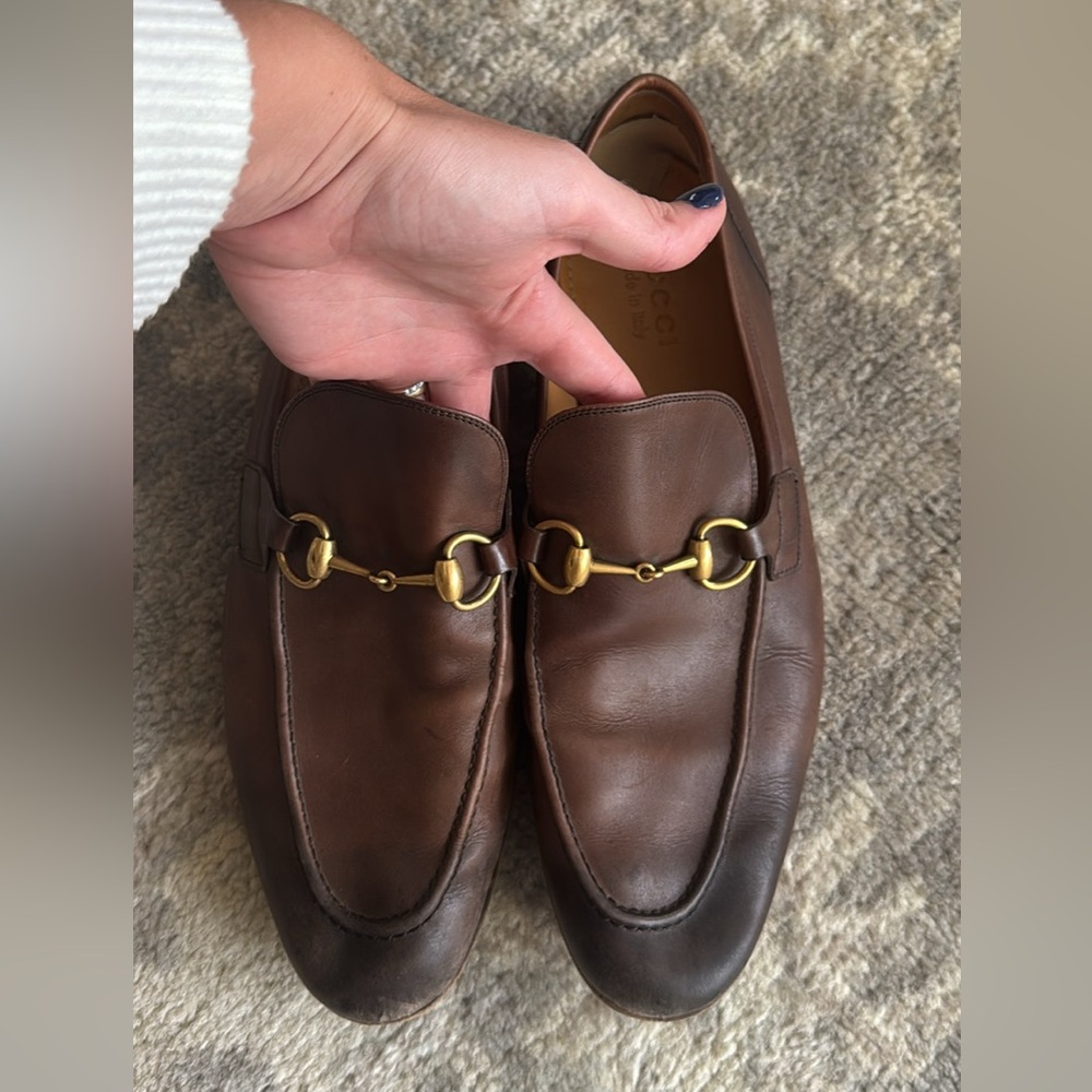 Gucci Men's Dark Brown Leather Loafers with Gold Detail